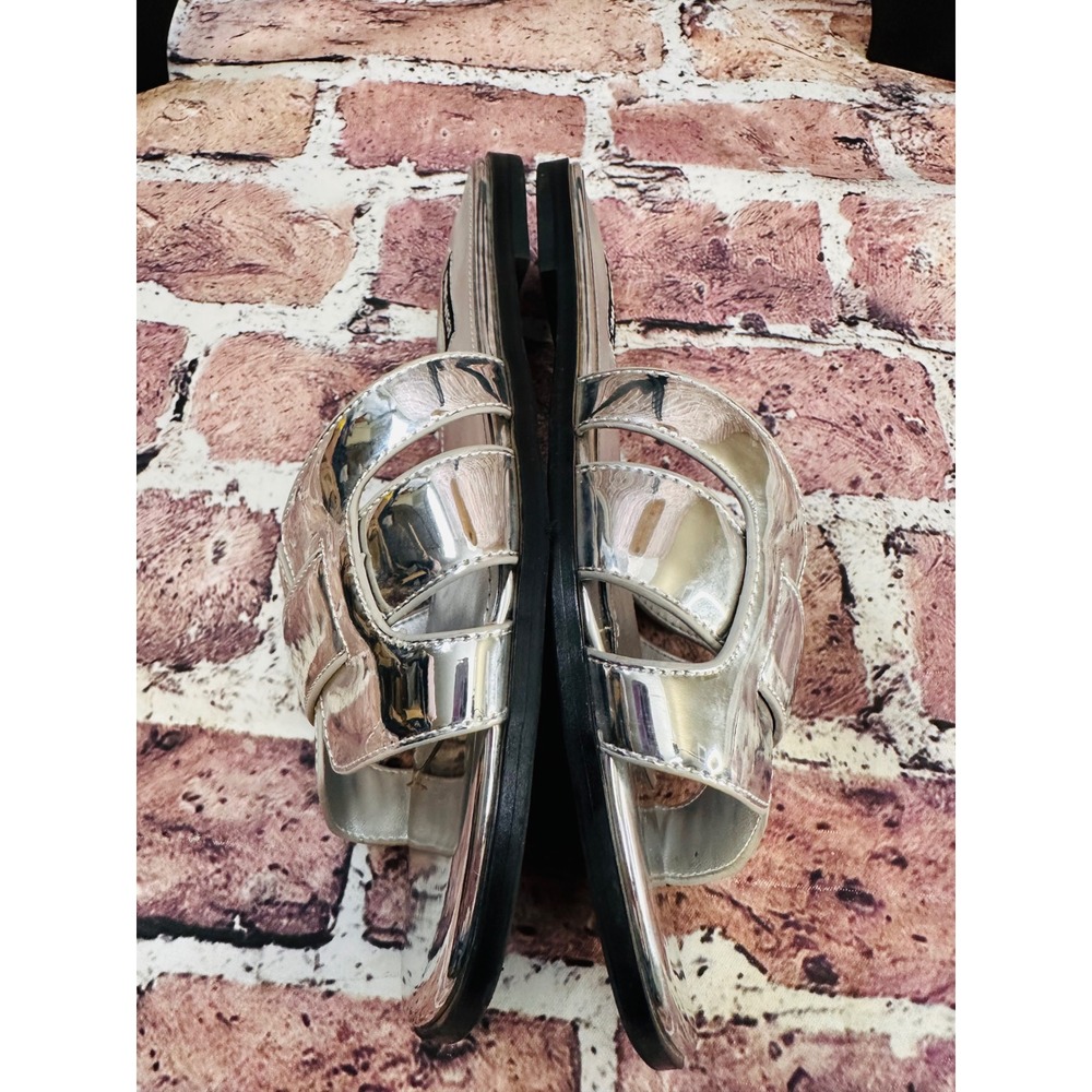 Nine West Womens Metallic Silver Slide Sandals Square Toe Flat H-Strap Mirror - Picture 8 of 13